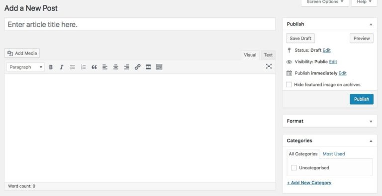 Screenshot of the WordPress editor with the placeholder for the post title changed to read "Enter article title here".
