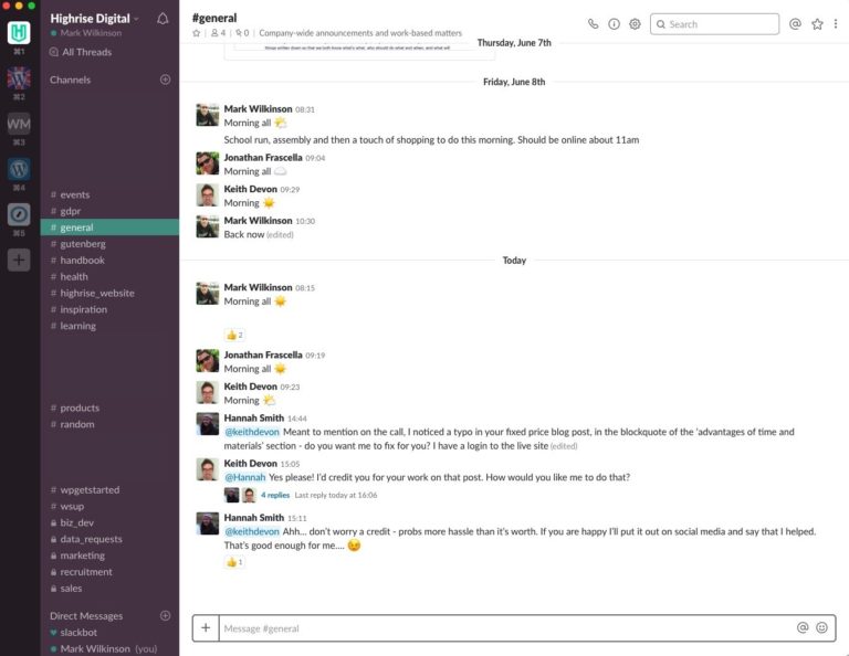 Screenshot showing a conversation in the Slack App.