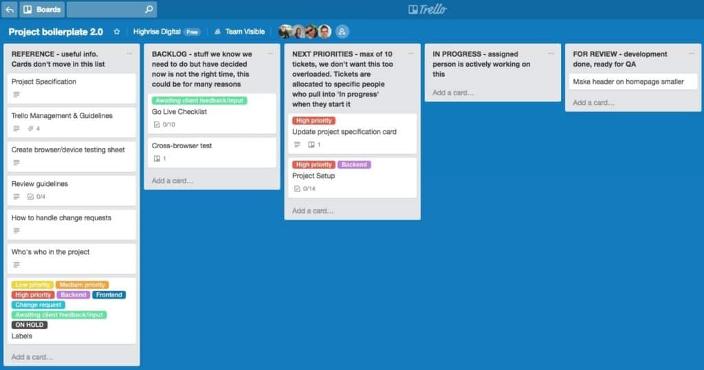 Screenshot of the Highrise Digital boilerplate Trello board.