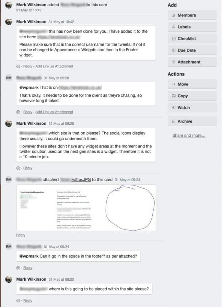 Screenshot of a Trello card showing comment discussion taking place.
