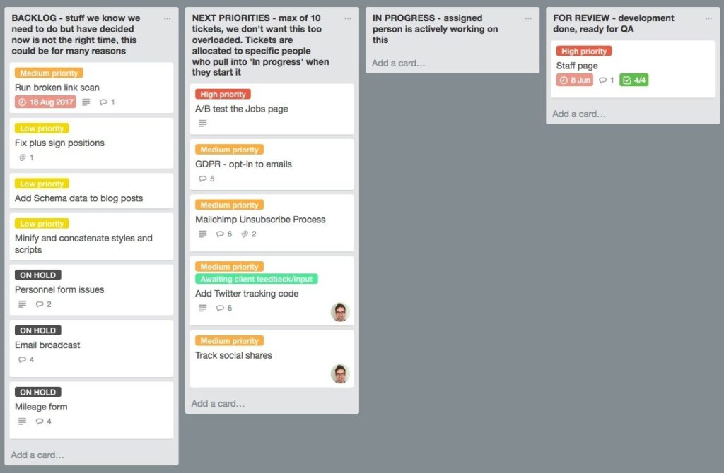 Trello board screenshot showing cards in different lists with a variety of different labels.