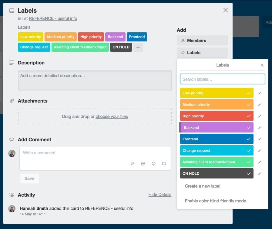 Trello card screenshot highlighting that each card can have labels assigned to it.