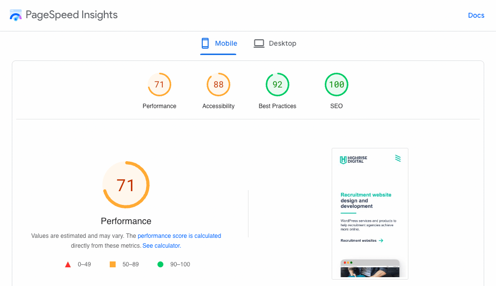Screenshot of Google PageSpeed Insight scores for Highrise Digital home page