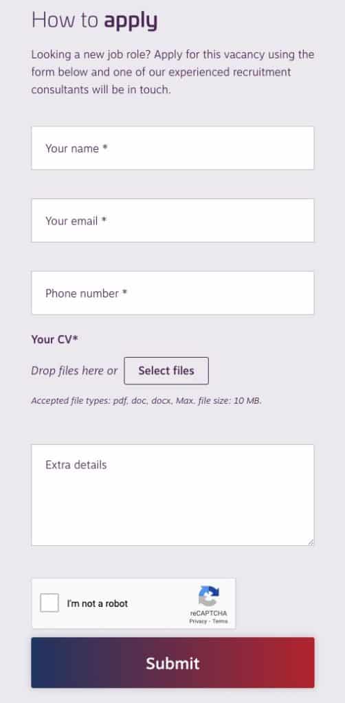 Screenshot of a good example of a job page application form.