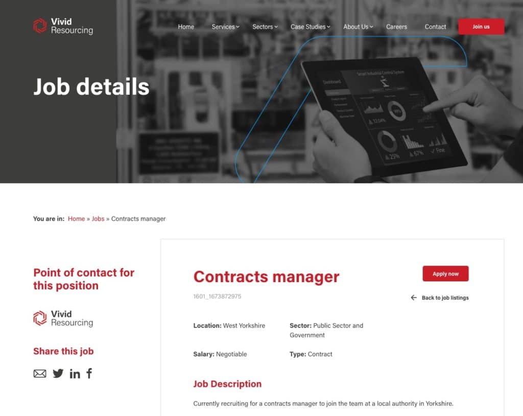 Screenshot of the Vivid Resourcing jobs page,